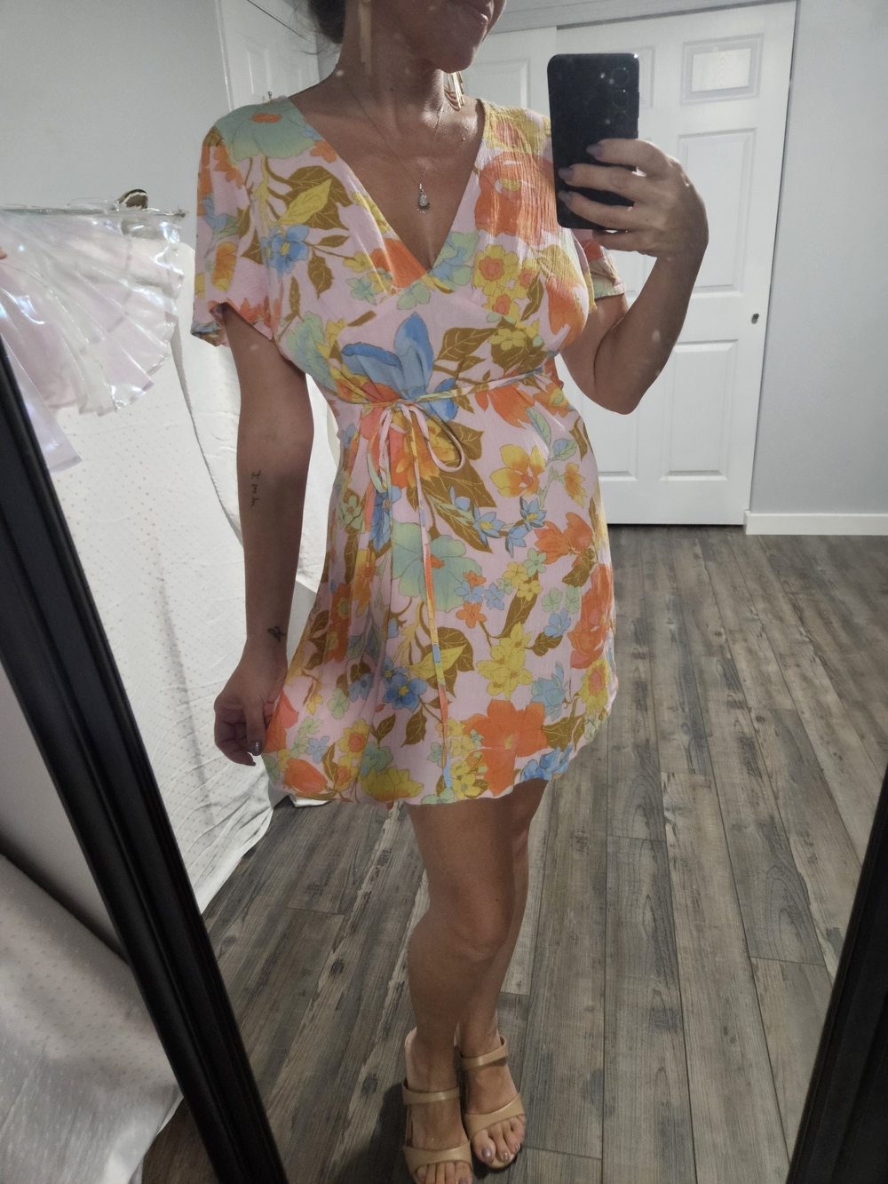 Billabong Pastel Floral Wrap Mini Dress in Peach, Mint & Sky Blue